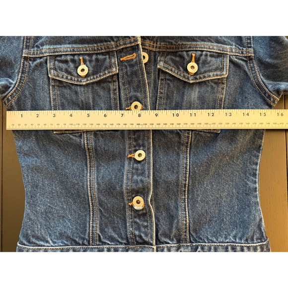 GUESS Jeans Cropped Denim Jacket Womens Small‎ Dark Wash Motorcycle Trucker Y2K - Picture 11 of 16